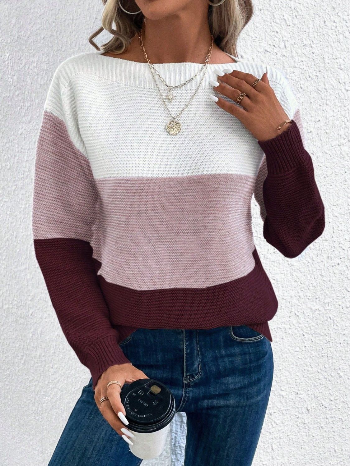 Outfit Flow - Color Block Boat Neck Sweater