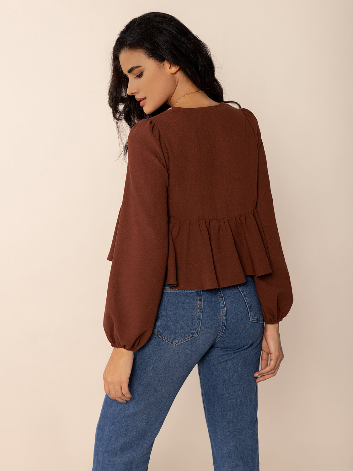 Peplum Tied V-Neck Long Sleeve Blouse OutfitFlow