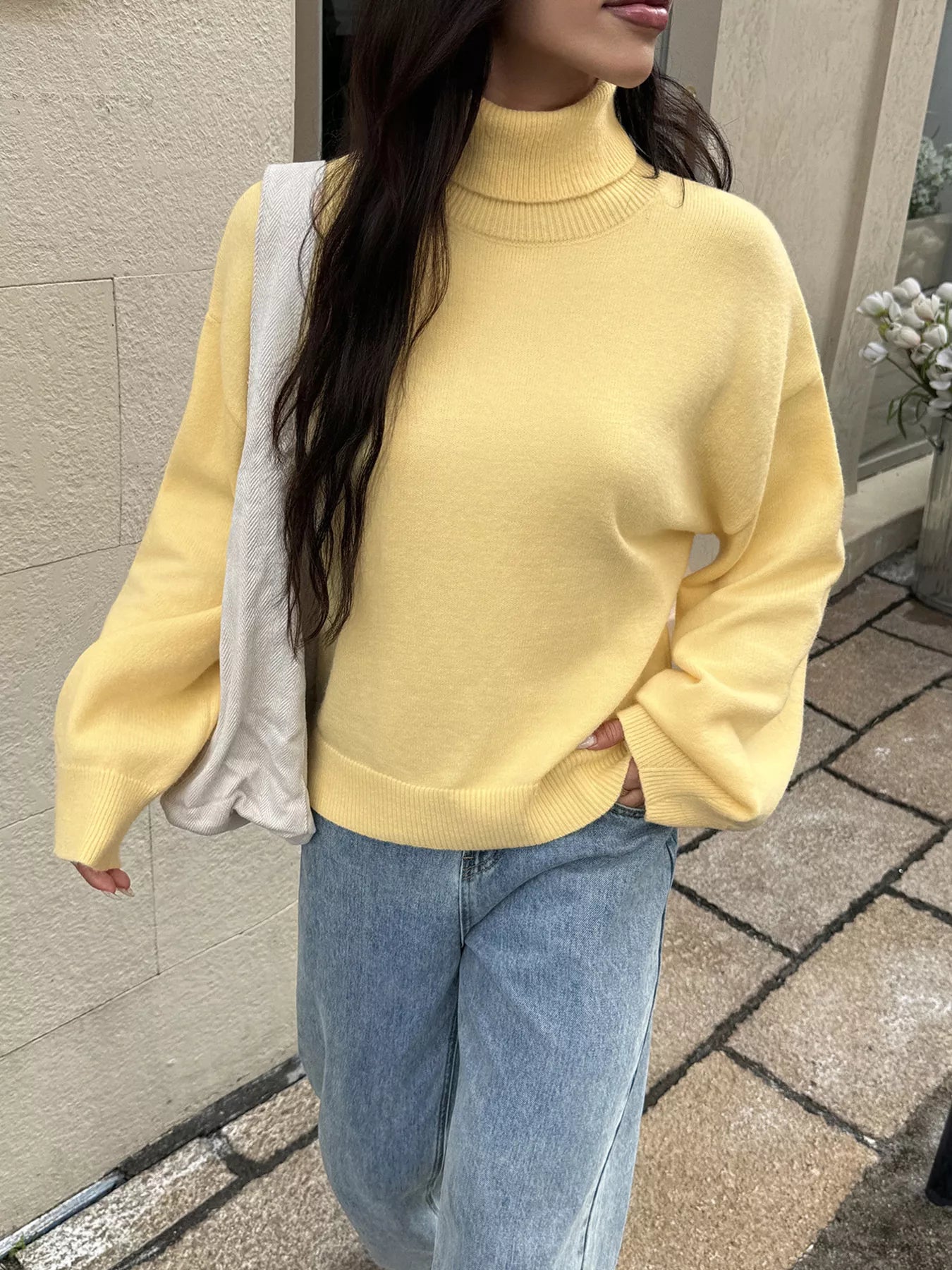 Turtleneck Long Sleeve Sweater Light Yellow OutfitFlow