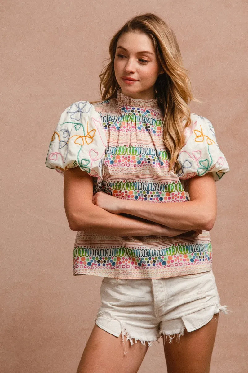 BiBi Ruffle Neckline Blouse With Embroidery Bubble Sleeve OutfitFlow