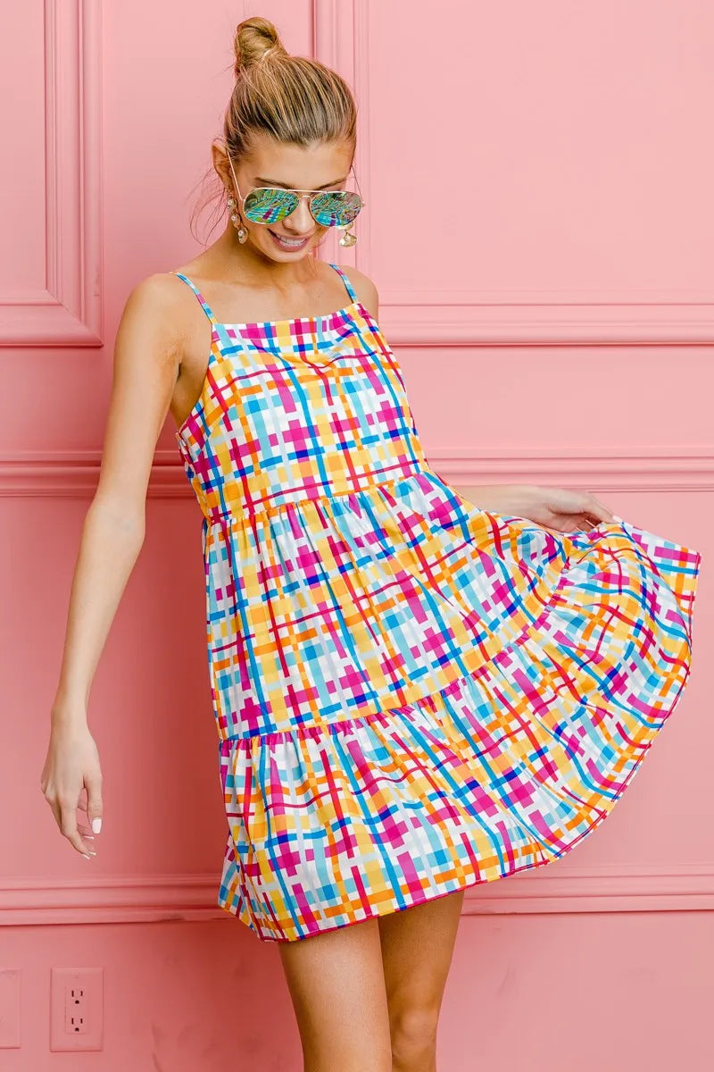 BiBi Multi Colors Plaid Sleeveless Sun Dress OutfitFlow