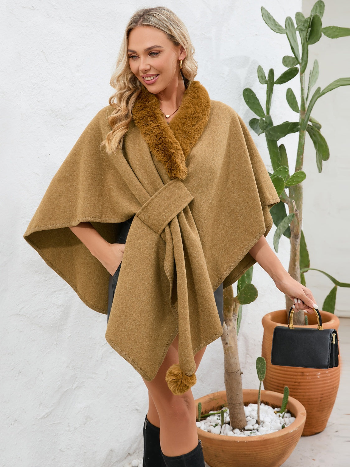 Outfit Flow - Fuzzy Trim Open Front Poncho