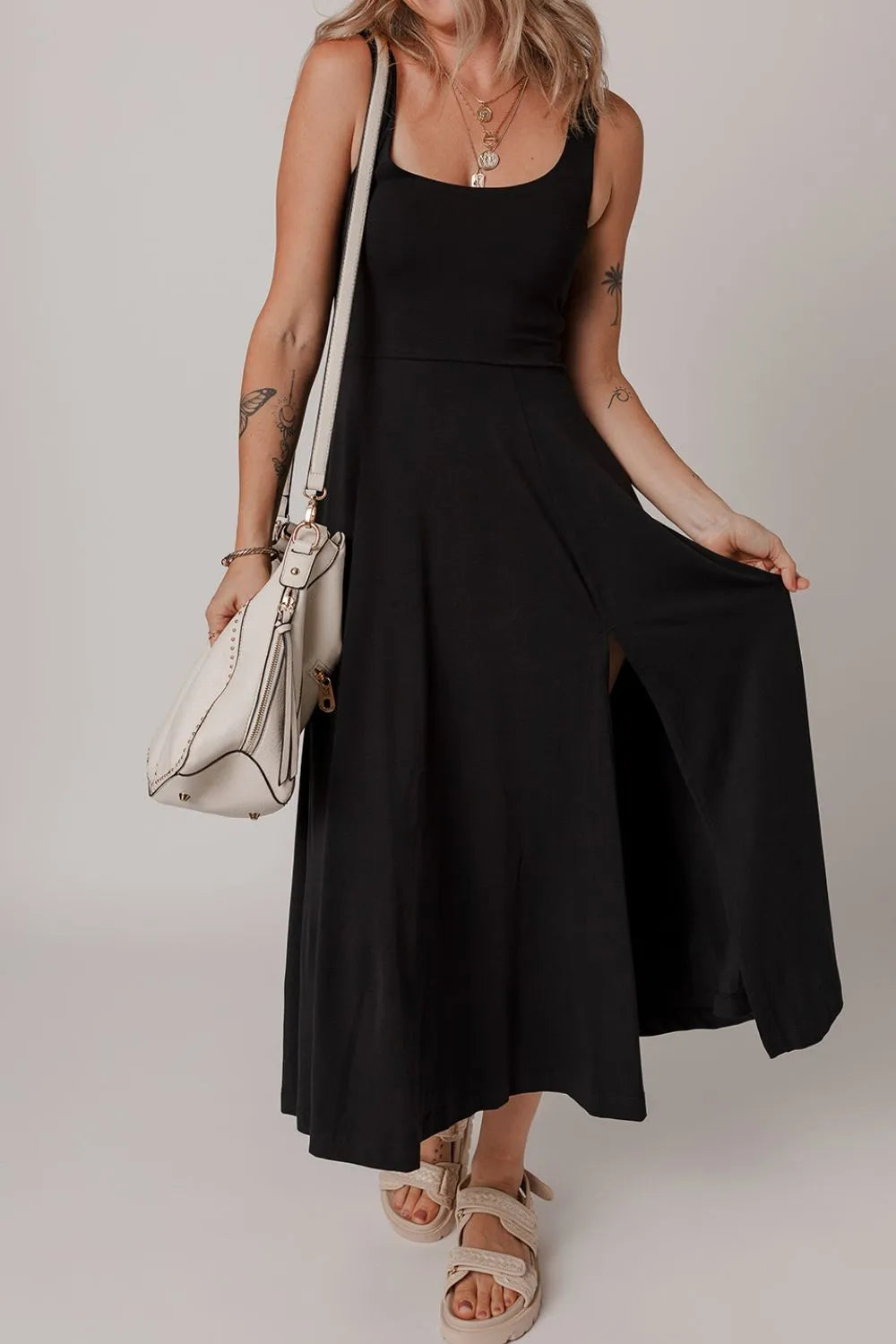 Side Slit Scoop Neck Wide Strap Dress OutfitFlow