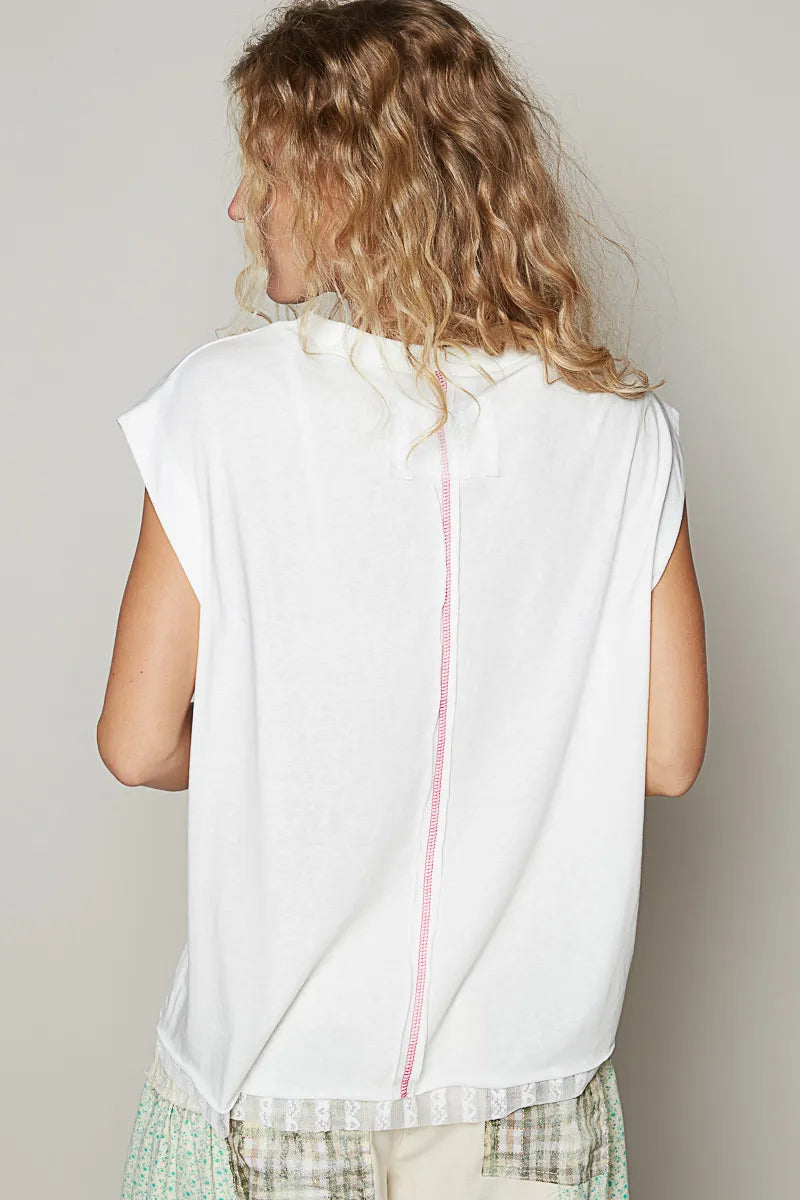 POL Star Patch Studded Sleeveless T-Shirt with Lace Hem OutfitFlow