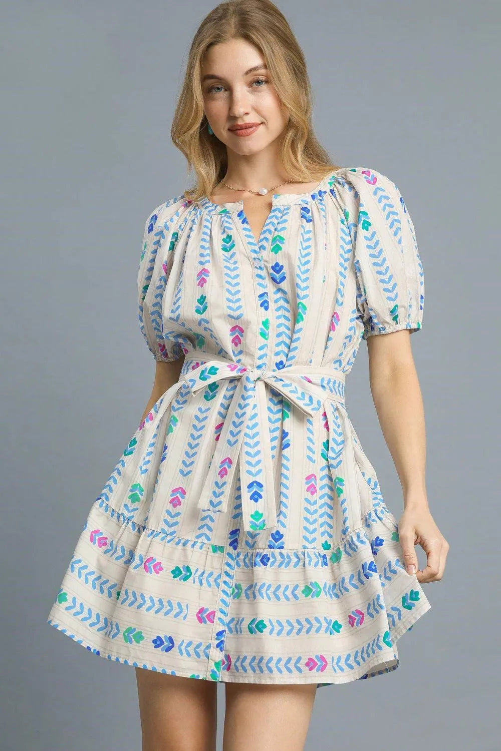 Umgee Printed Tie Waist Puff Short Sleeve Mini Dress Ivory OutfitFlow