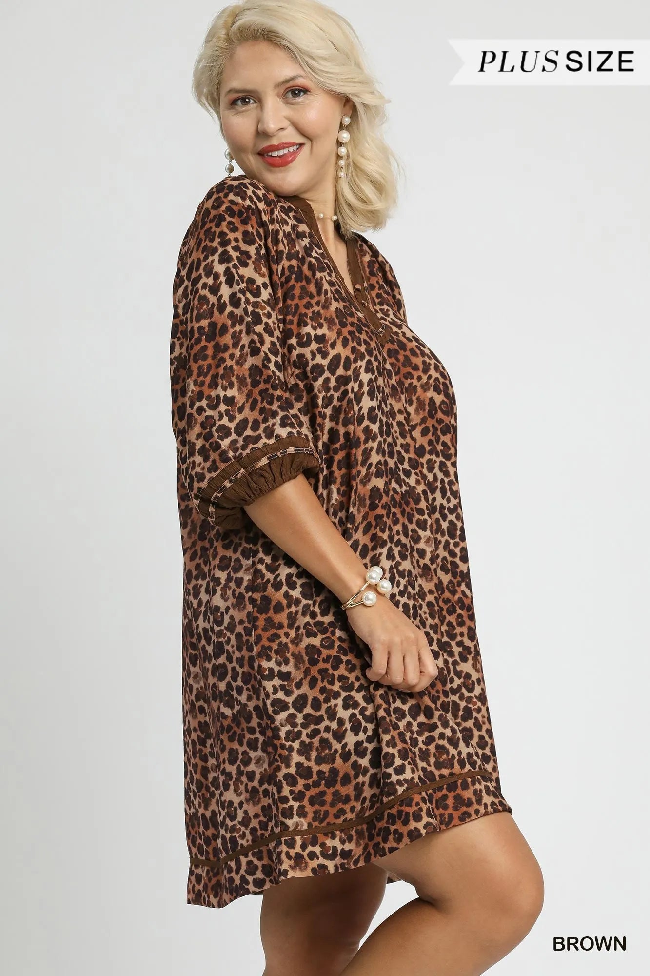 Umgee Full Size Leopard Print Mini Dress with Contrast Trim Plus Size Trendsi