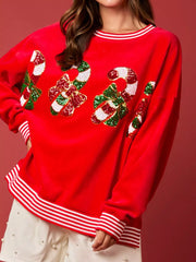 Christmas Sequin Candy Cane and Santa Sweatshirt with Striped Hem OutfitFlow