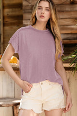 Casual Ribbed Short Sleeve Round Neck T-Shirt OutfitFlow