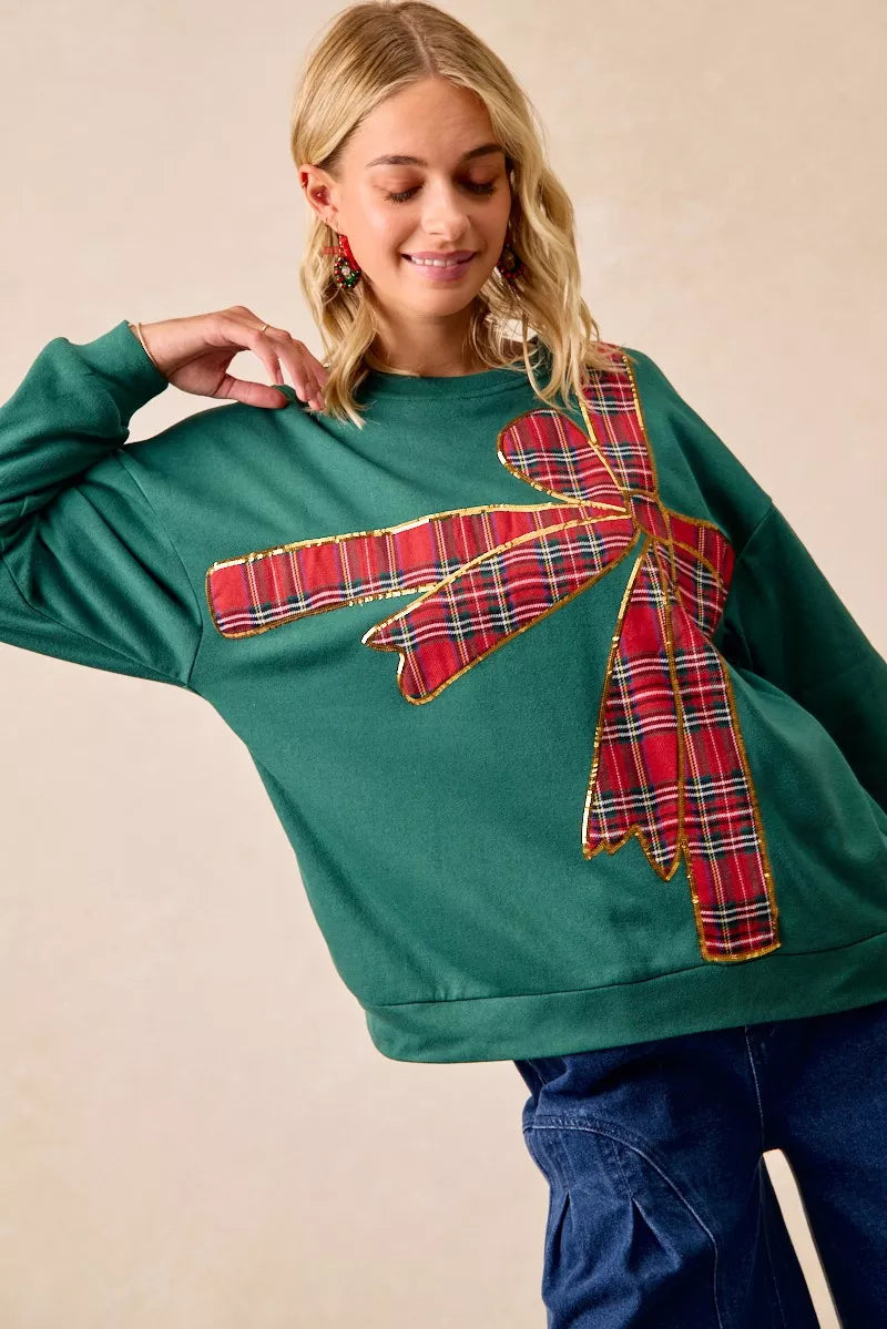 BiBi Plaid Ribbon Bow Detail Christmas Fleece Pullover OutfitFlow