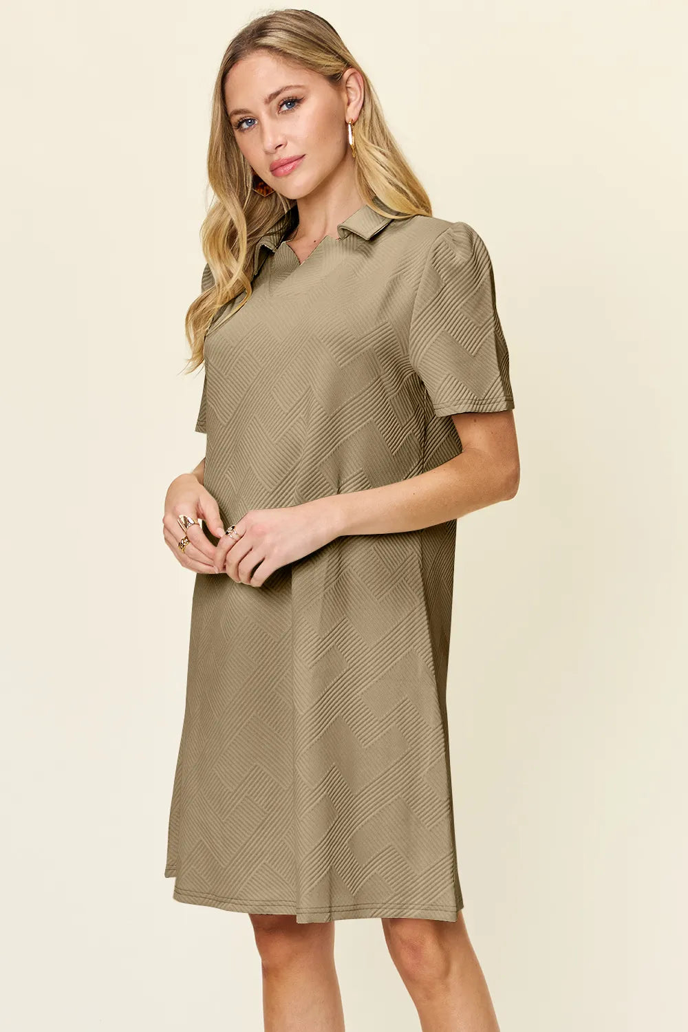 Double Take Full Size Texture Collared Neck Short Sleeve Dress OutfitFlow