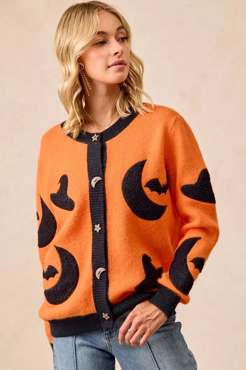 BiBi Halloween Witch Hat Moon Bat Artwork Cardigan Trendsi