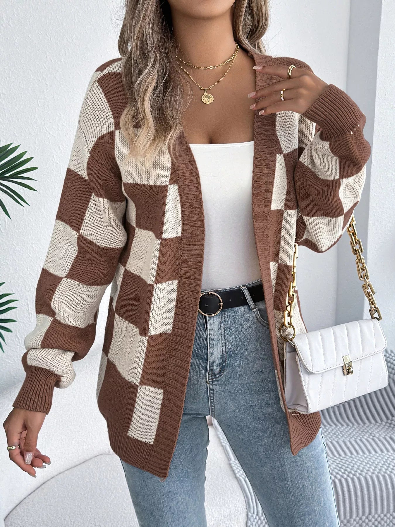 Checkered Pattern Open Front Cardigan Brown OutfitFlow