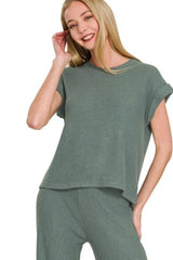 Zenana Rolled Sleeve Top and Pants Sweater Set OutfitFlow