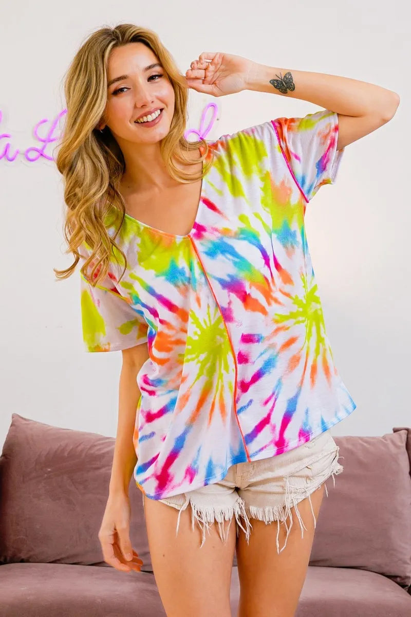BiBi Tie Dye Print Jersey Stitched V Neck Top OFF WHITE MULTI OutfitFlow