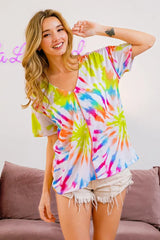 BiBi Tie Dye Print Jersey Stitched V Neck Top OFF WHITE MULTI OutfitFlow