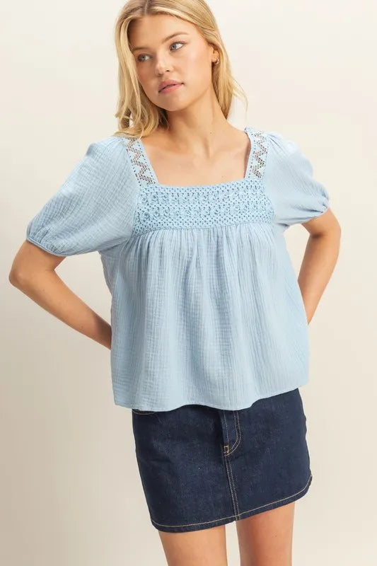 HYFVE Crochet Detail Puff Sleeve Peasant Top BLUE OutfitFlow