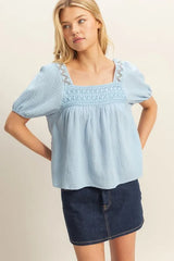 HYFVE Crochet Detail Puff Sleeve Peasant Top BLUE OutfitFlow