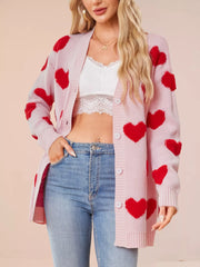 Heart Pattern Knit Button-Up Cardigan OutfitFlow