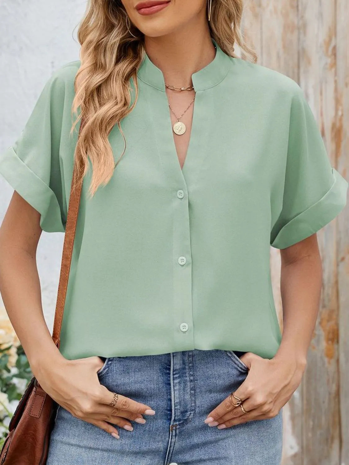 Notched Short Sleeve Blouse Gum Leaf OutfitFlow