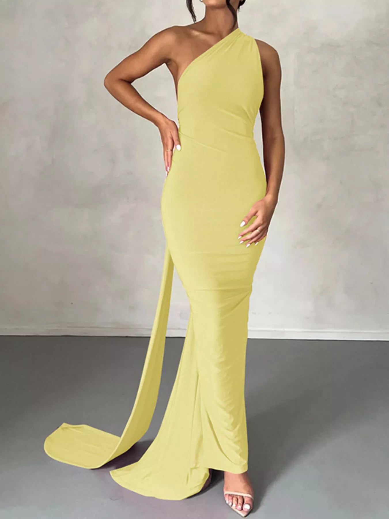 Backless One-Shoulder Ruched Bodycon Maxi Dress Light Yellow OutfitFlow
