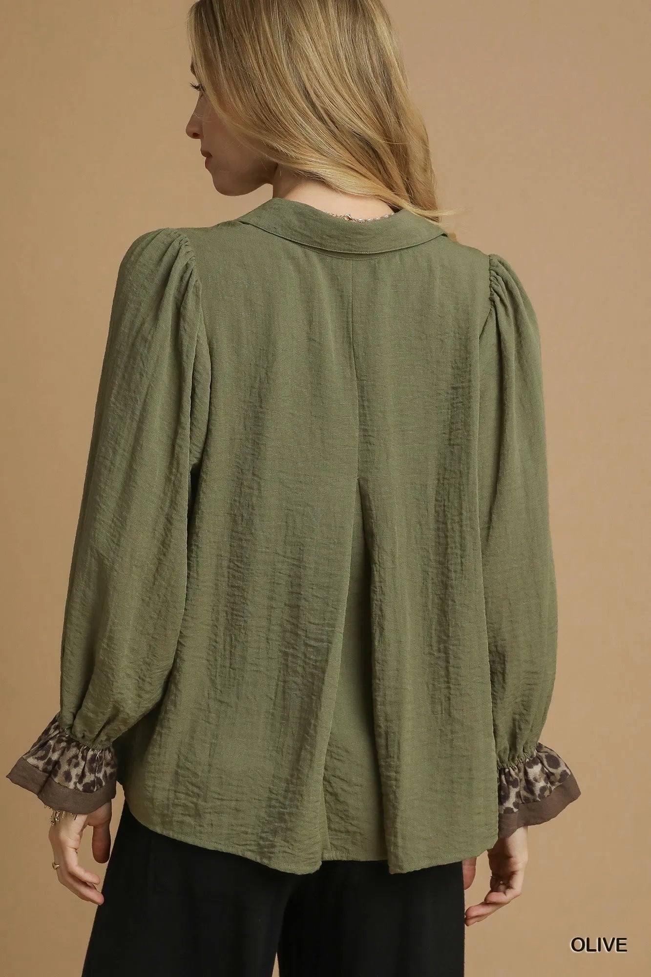 Umgee Half Button Blouse with Leopard Print Trim Trendsi