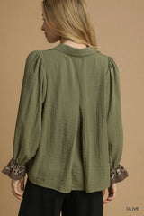 Umgee Half Button Blouse with Leopard Print Trim Trendsi