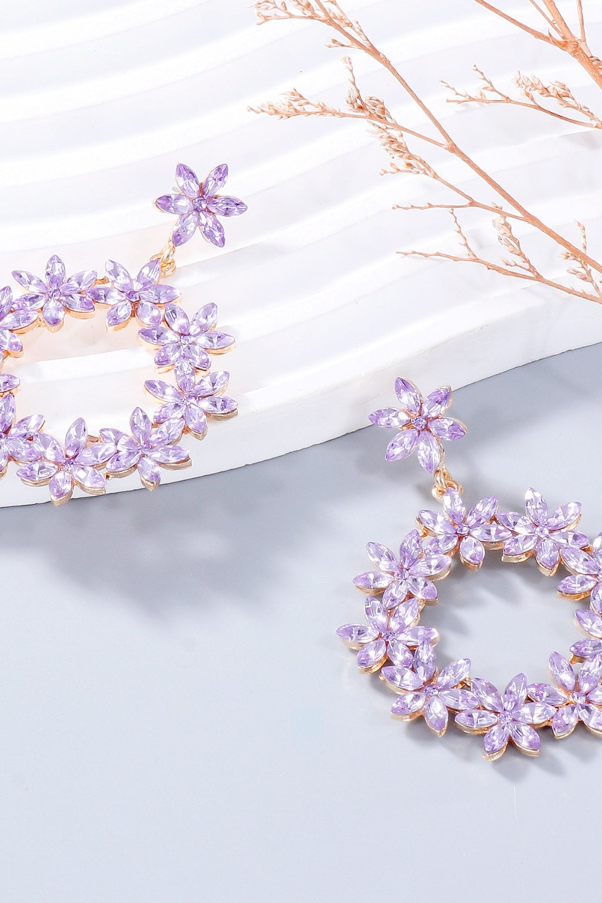 Rhinestone Flower Dangle Earrings Pink Purple One Size OutfitFlow