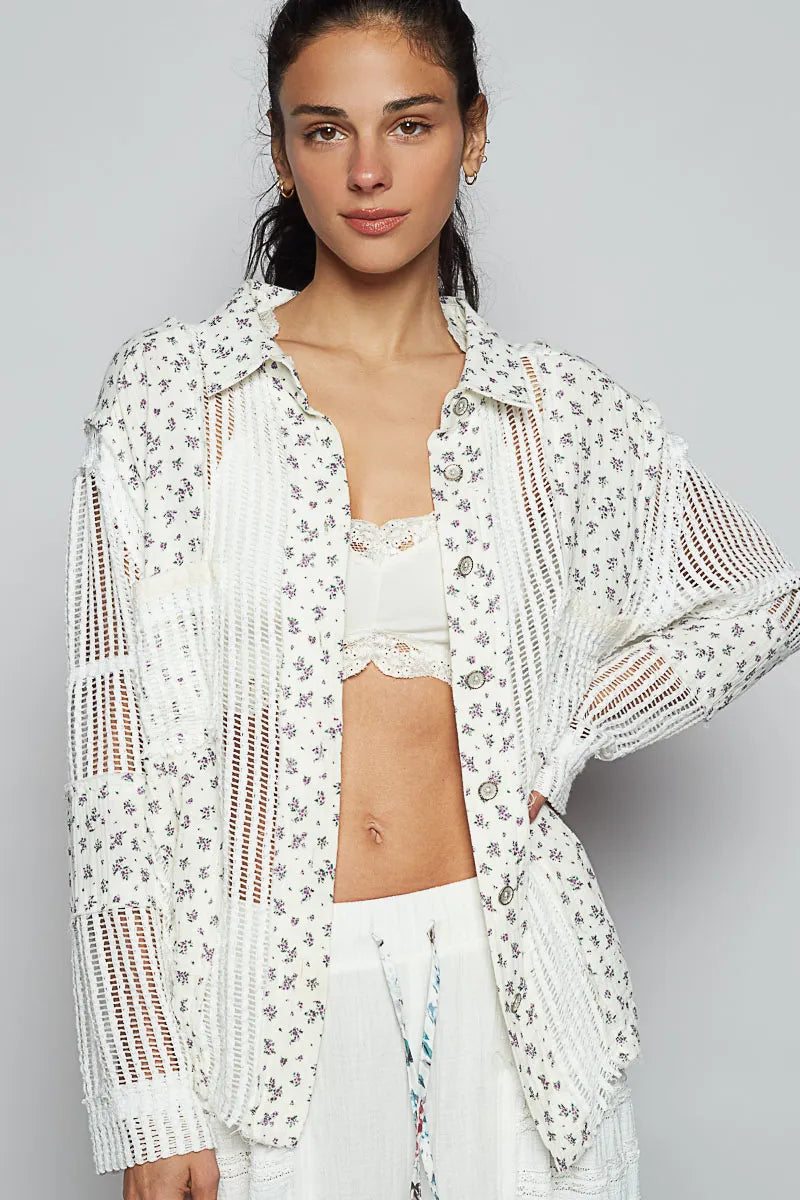 POL Floral Crochet Patchwork Long Sleeve Shirt White OutfitFlow