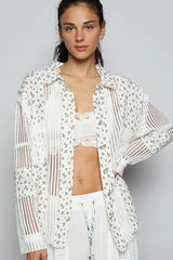 POL Floral Crochet Patchwork Long Sleeve Shirt White OutfitFlow