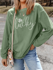 LUCKY Rhinestone Round Neck Long Sleeve Sweatshirt OutfitFlow