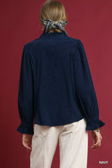 Umgee Corduroy Ruffle Shirt with Long Puff Sleeves OutfitFlow