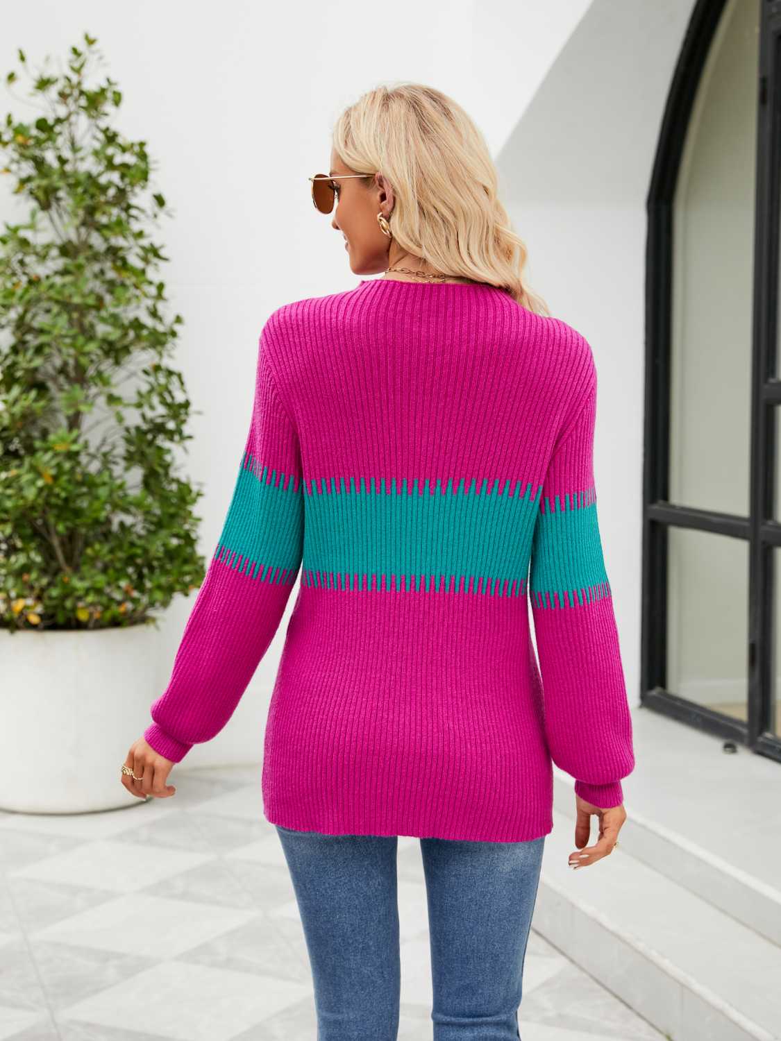 Contrast Round Neck Sweater OutfitFlow