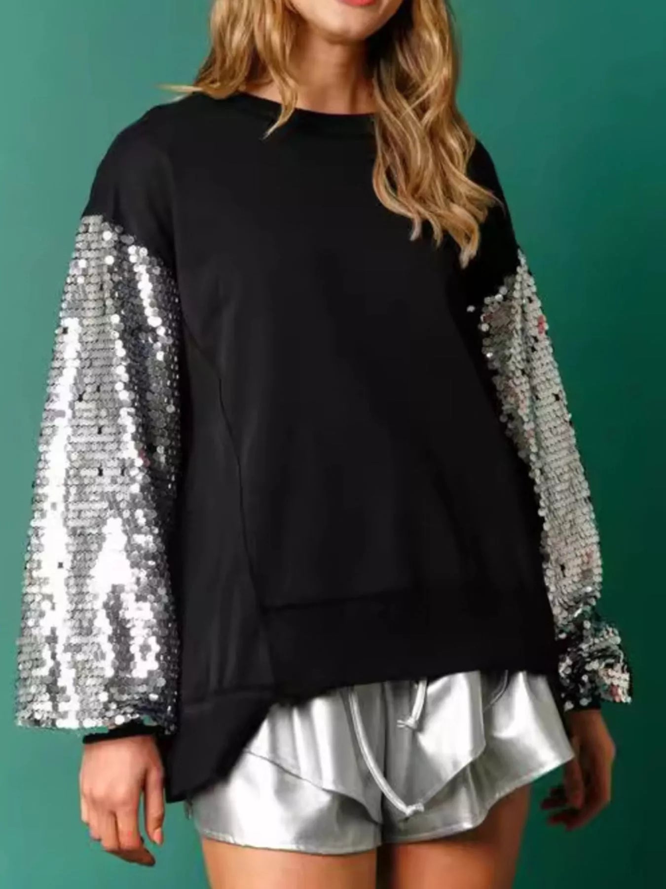 Sequin Long Sleeve Round Neck Sweatshirt Silver OutfitFlow