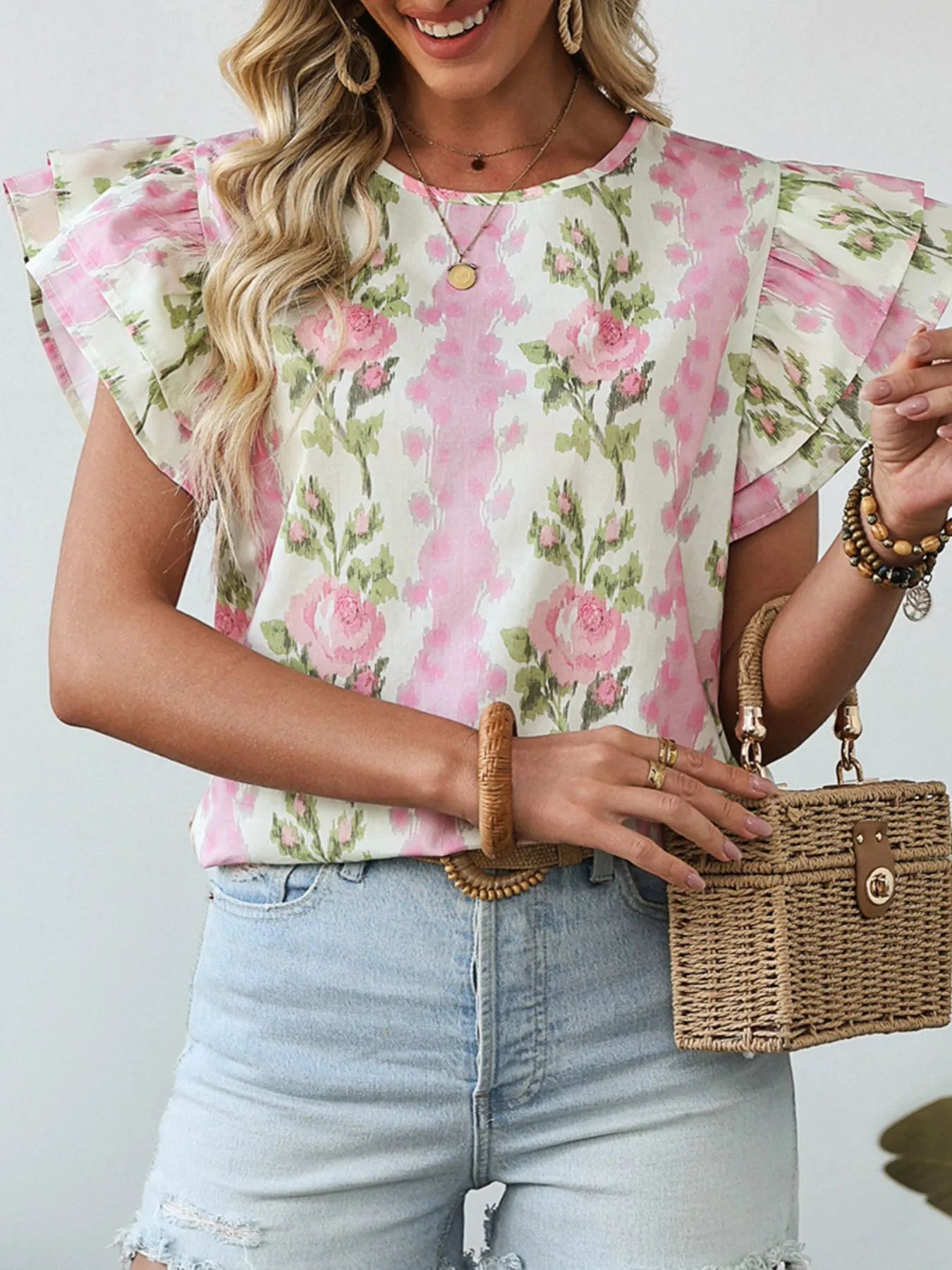 Floral Print Ruffled Sleeve Blouse OutfitFlow