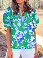 Floral Print Puff Short Sleeve Blouse OutfitFlow