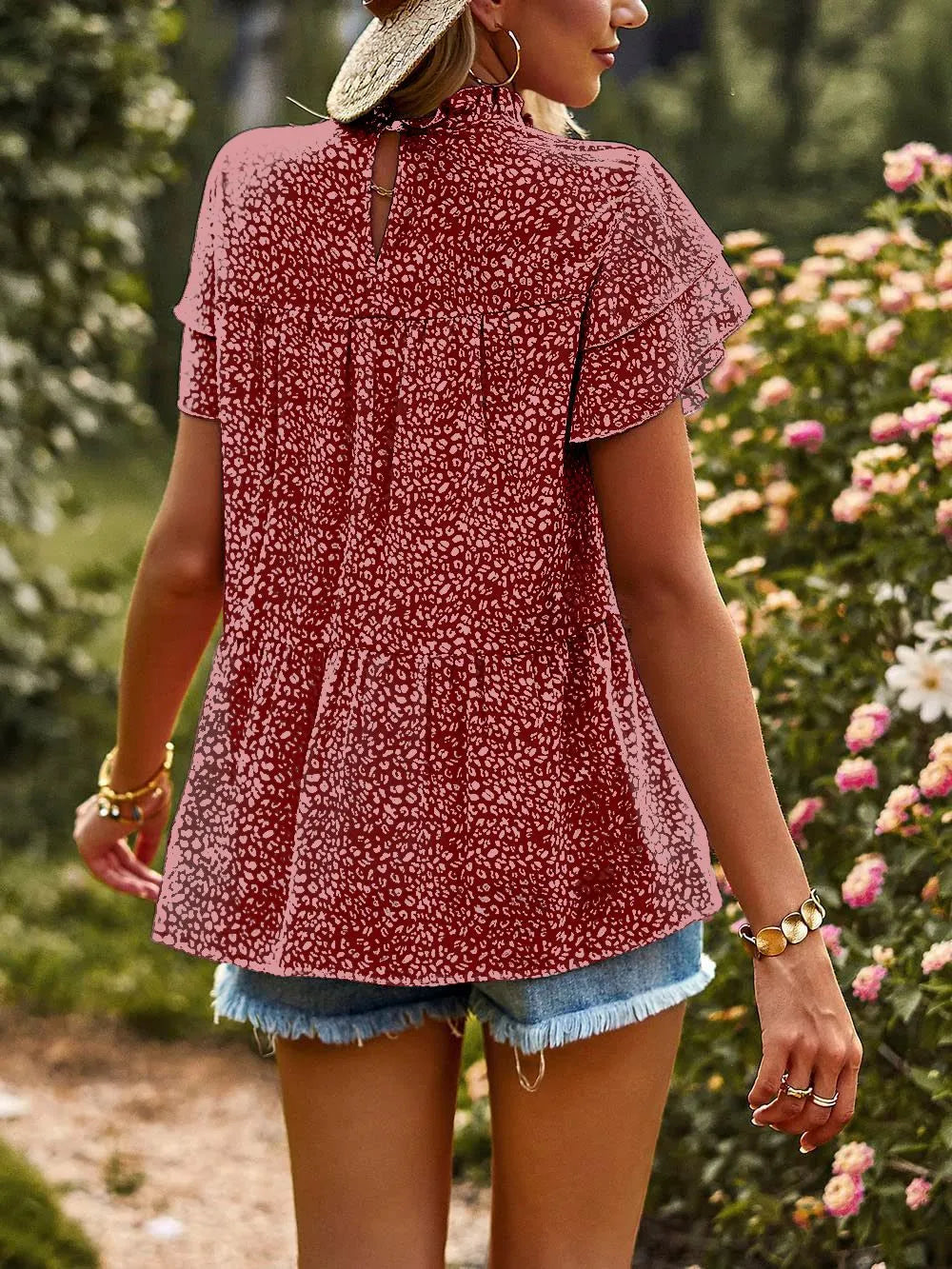 Printed Ruffle Sleeve Babydoll Blouse OutfitFlow