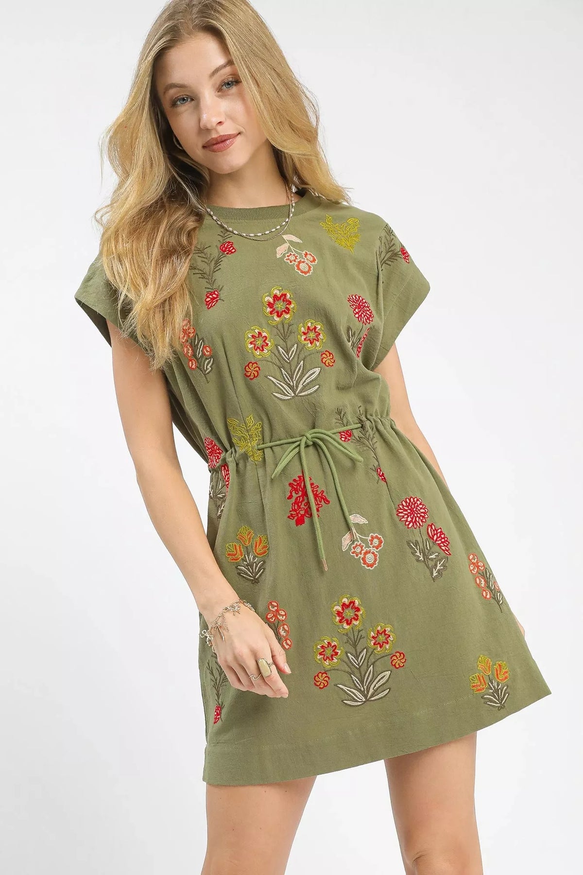 Umgee Embroidered Floral Mini Dress with Waist Tie SAGE OutfitFlow