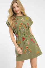 Umgee Embroidered Floral Mini Dress with Waist Tie SAGE OutfitFlow