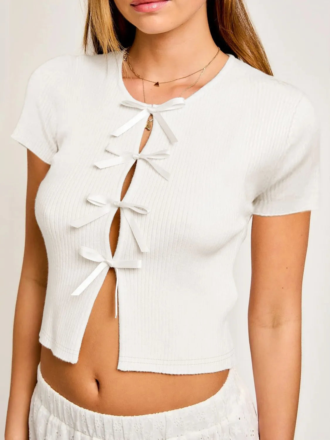 Bow Round Neck Short Sleeve T-Shirt White OutfitFlow