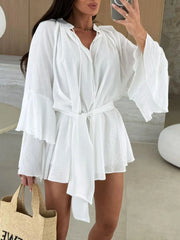 Bell Sleeve Tie Waist Mini Shirt Dress OutfitFlow