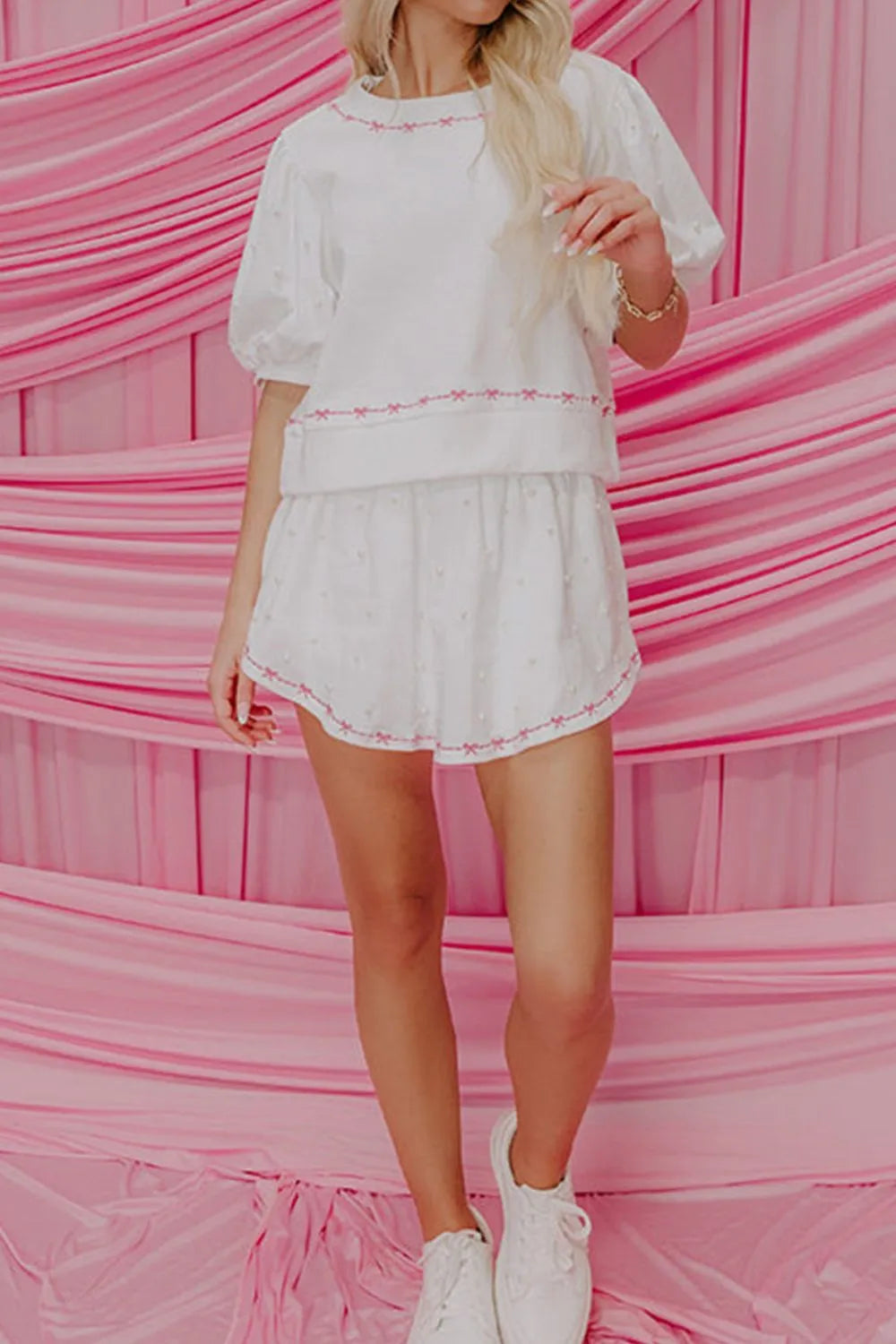 Contrast Bow Trim Pearl Puff Sleeve Blouse and Skort 2pcs Set OutfitFlow