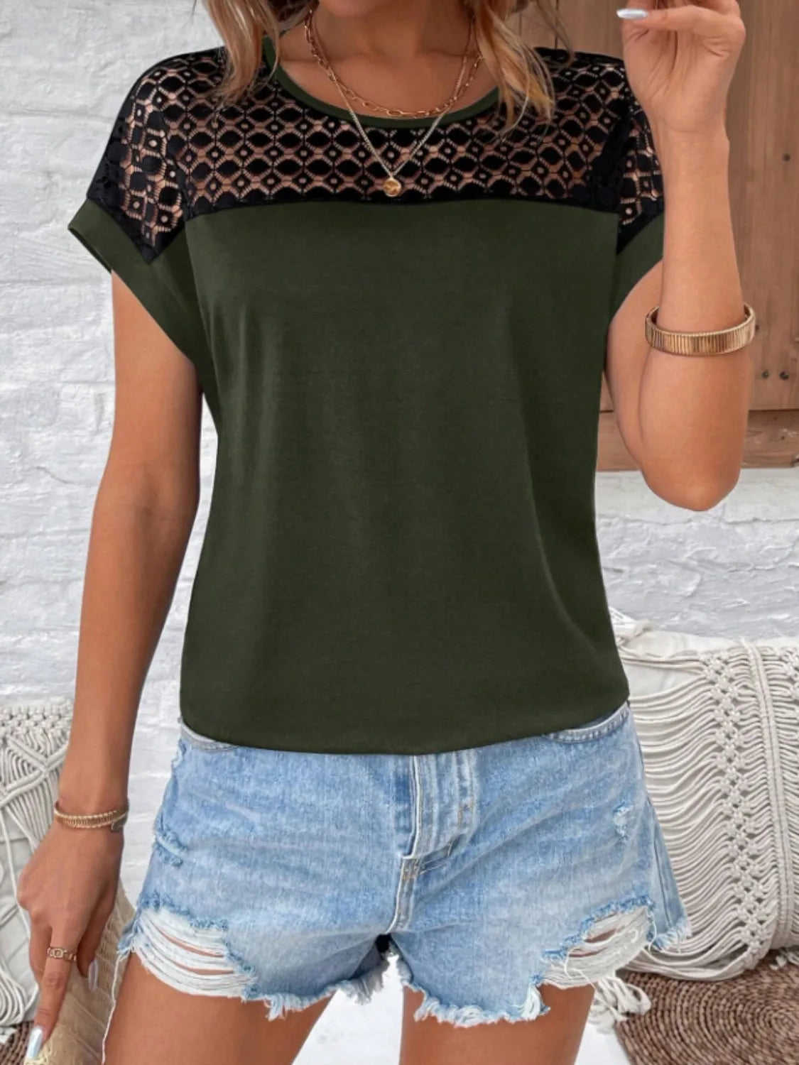 Lace Round Neck Short Sleeve T-Shirt OutfitFlow