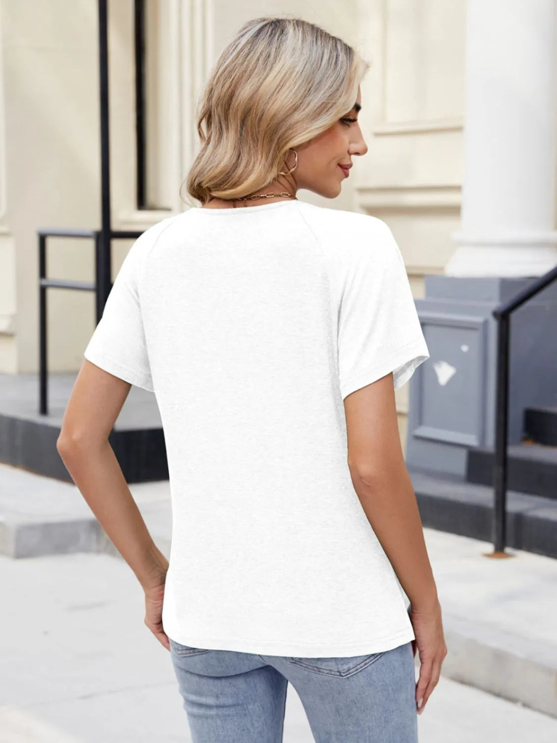 Lace Detail Round Neck Short Sleeve Blouse OutfitFlow