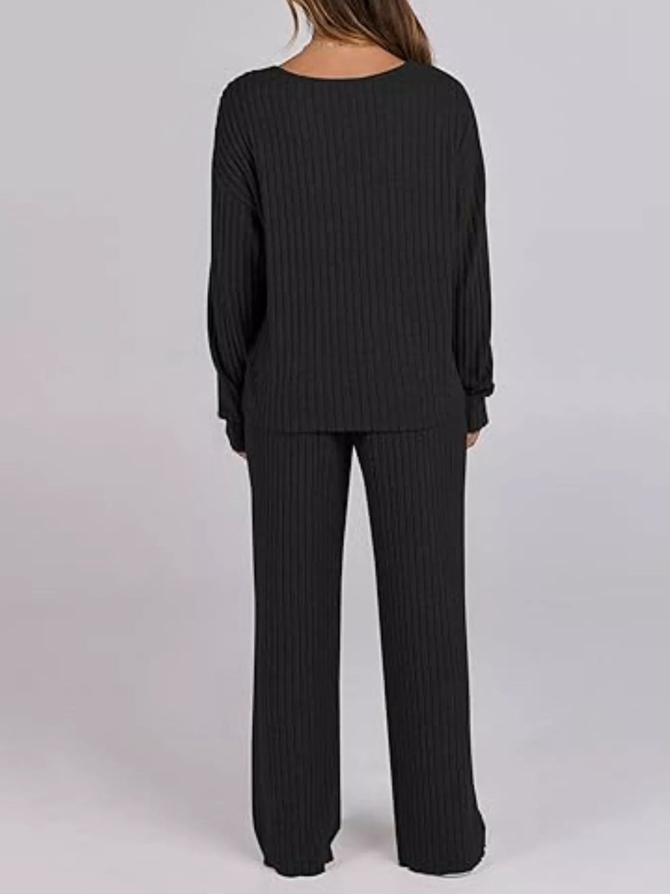 Relaxed Fit Ribbed Knit Top and Pants Set OutfitFlow