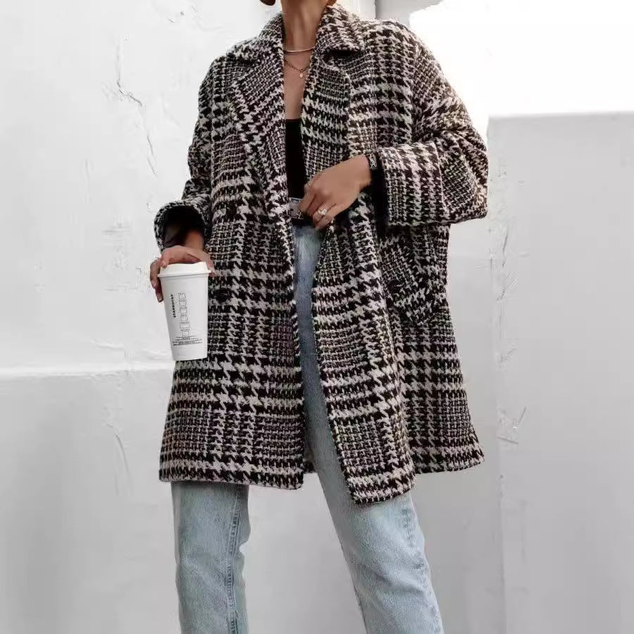 Houndstooth Collared Neck Long Sleeve Coat with Pockets