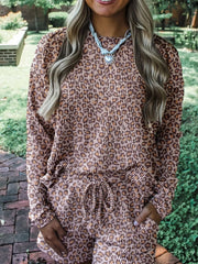 Leopard Ribbed Long Sleeve Top Drawstring Shorts 2pcs Outfit Leopard OutfitFlow
