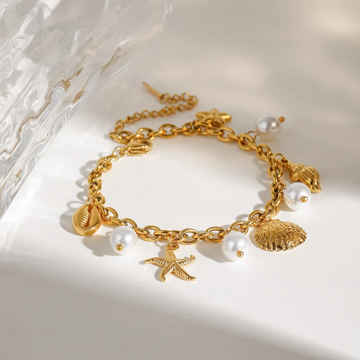 Ocean Theme Stainless Steel Chain Bracelet with Seashell and Starfish Pendants OutfitFlow