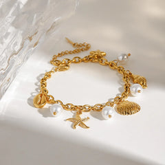 Ocean Theme Stainless Steel Chain Bracelet with Seashell and Starfish Pendants OutfitFlow