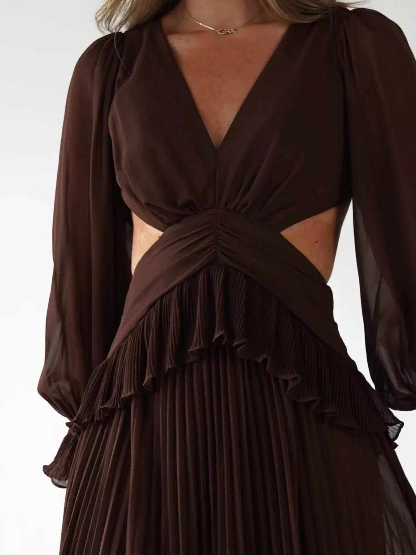 Backless Pleated Long Sleeve Maxi Dress OutfitFlow