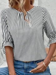 Striped Round Neck Half Sleeve Casual Blouse Black OutfitFlow